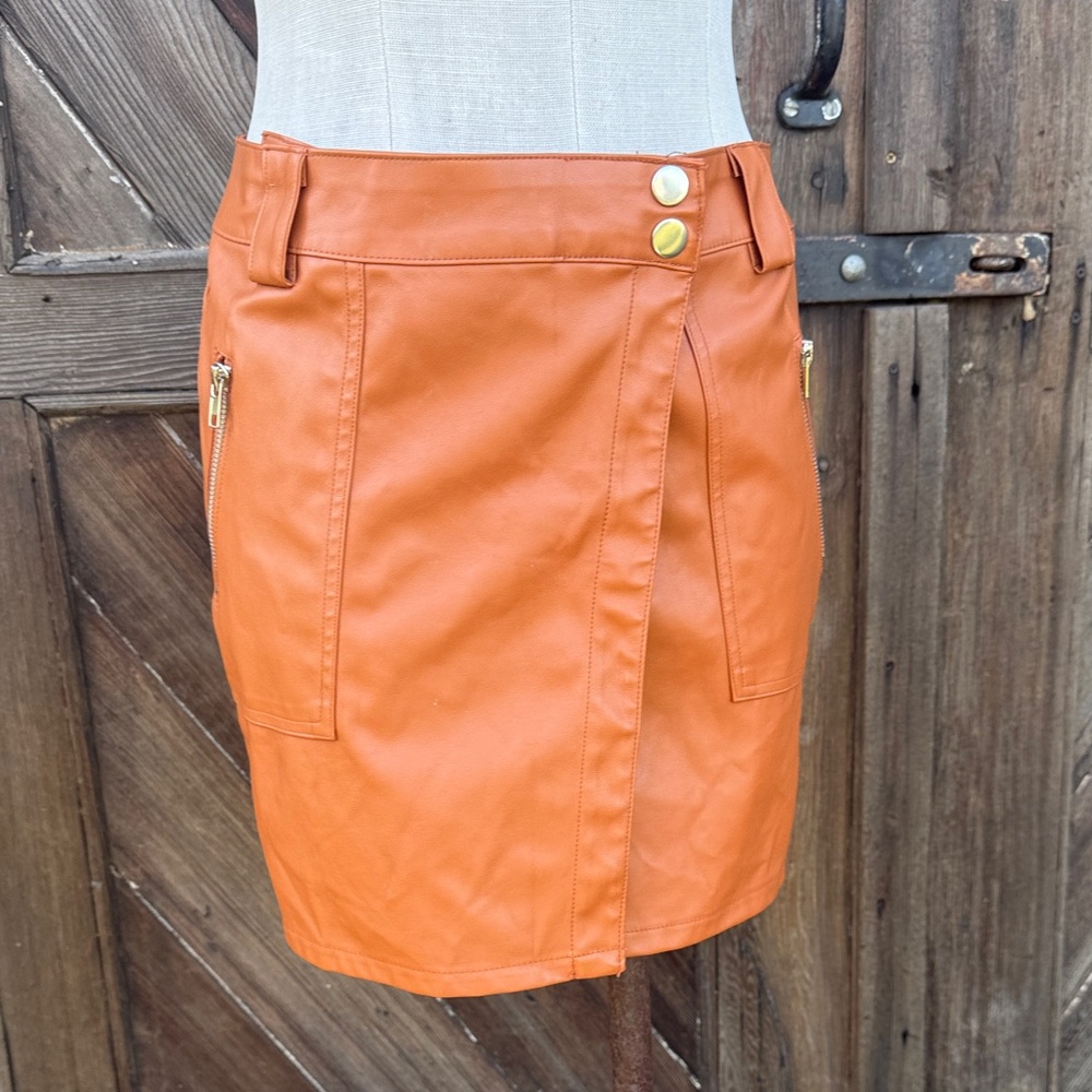 Chocolate Vegan Leather Burned Orange Wrap Pencil Mini Skirt Silver Accents M